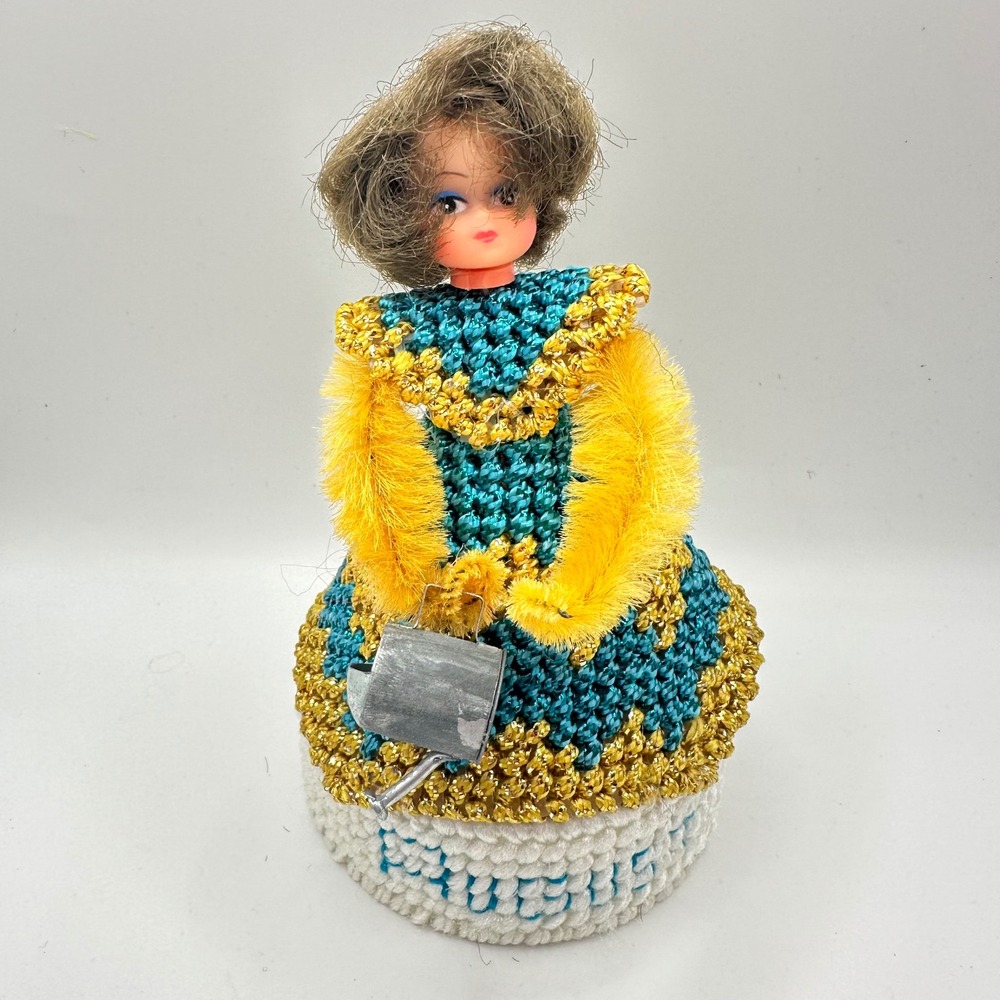 Vintage Plastic Canvas August Birth Month Doll Blue Yellow Handmade Kitsch 6.5"